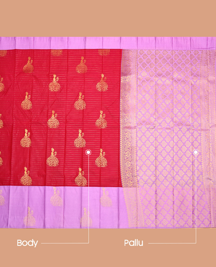 Red Budget Silk Saree, Spotlighted with Zari Buttas and Stripes, Complemented by a Contrast Girl Figurine Zari Border, Grand Pallu, and a Contrast Blouse
