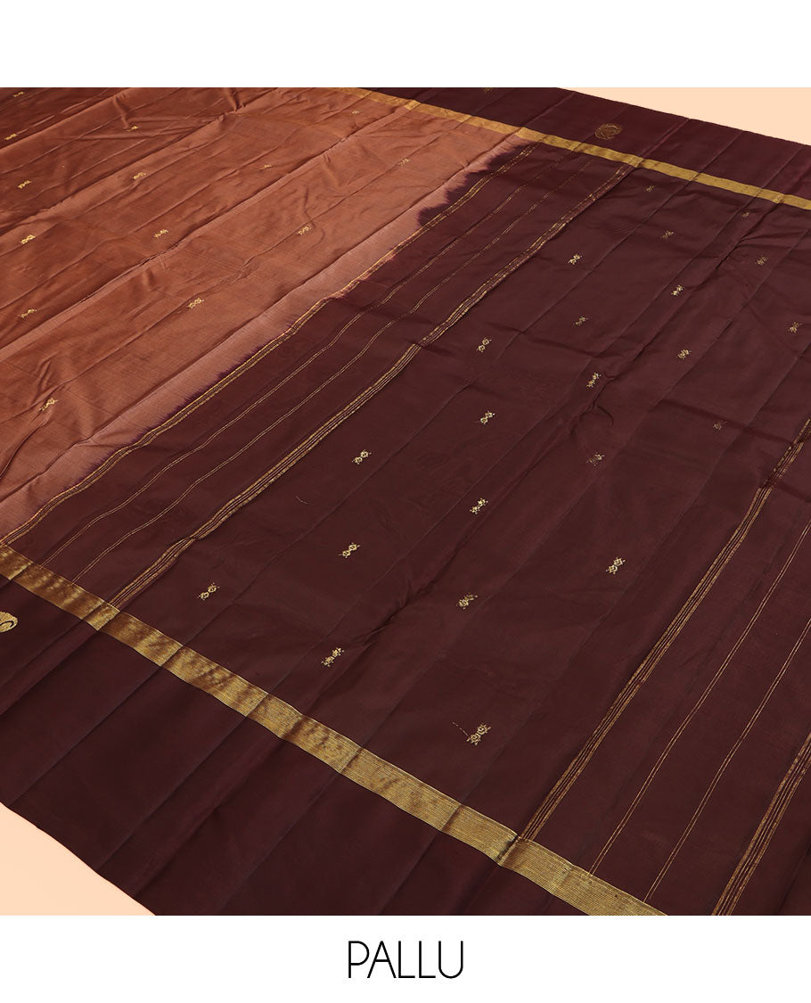 Brown  Kanchipuram Silk Saree, Woven with Zari Buttas, Complemented by Contrast Manga-Thazampoo Rekku Border, Pallu of Zari Design, and a Contrast Blouse