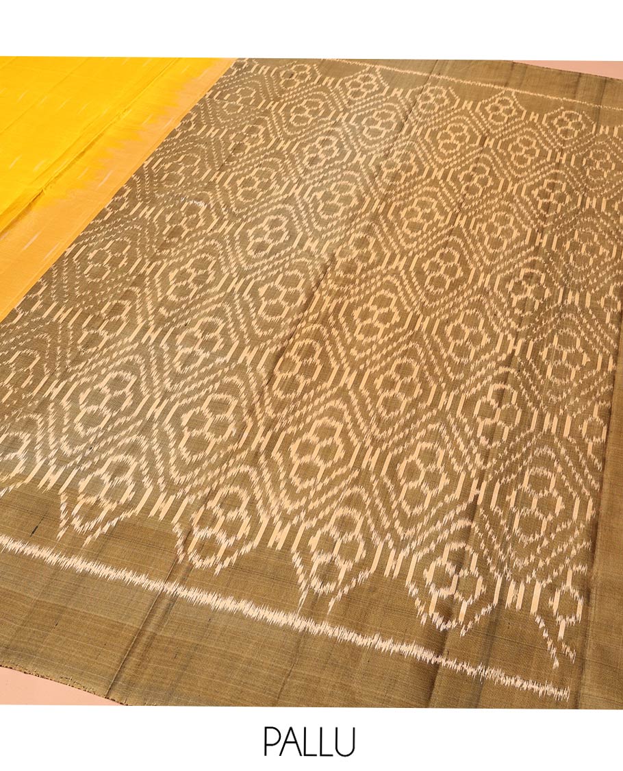 Yellow Mayuri Soft Silk Saree, Sparsely Sparkled with Ikkat Buttas All Over Its Body, Complemented by Contrast Checked Border, Artfully Ikkat Textured Pallu, and Paired with a Contrast Blouse
