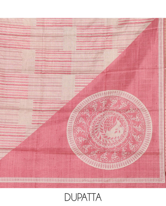 Chikku semi-tussar material chudidar set,geometric & round peacock motif print top, pink bottom & geometric & round peacock print dupatta