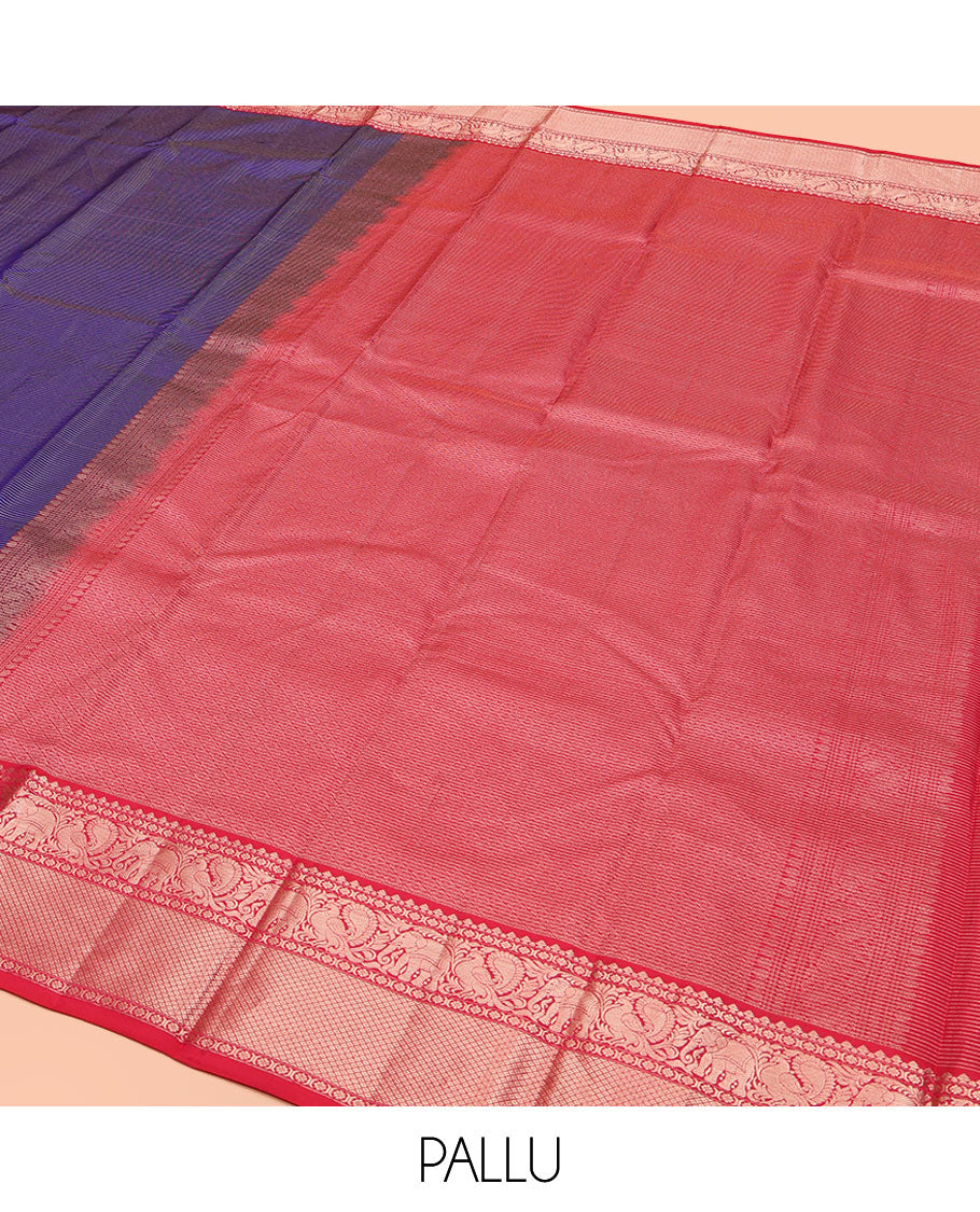 Voilet Kanchipuram Silk Saree, Beautifully Bedecked with Zari Stripes All Over Its Body, Complemented by Contrast Zari Border of Yaanai, Mayil, Kamalam, and Mayil Kann Designs, Textured Pallu, and Paired with a Contrast Blouse