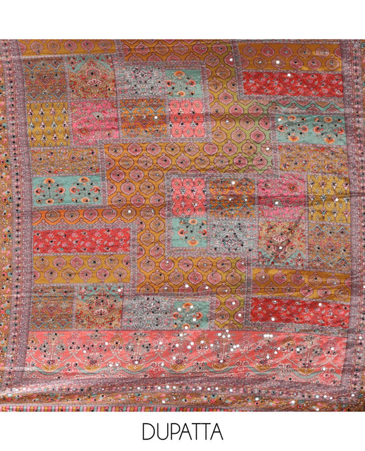 Mustard chudidar material set, geometric printed with mirror work crepe top, geometric printed & mirror work kaleidoscopic-colored chinon dupatta & plain crepe bottom