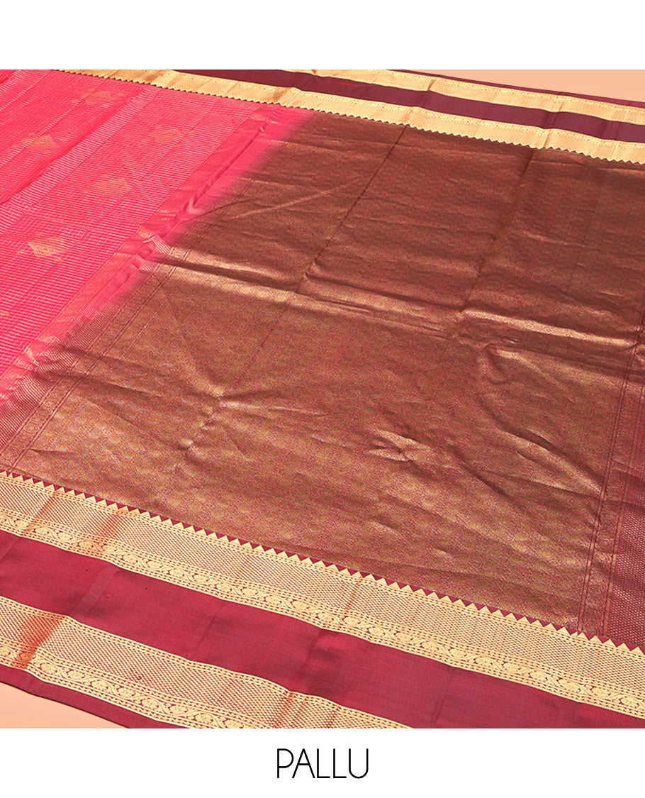 Pink Vasundhara Silk Saree, Gracefully Embellished with Zari Buttas and Checks, a Contrast Rettai Pettu Border of Rekku, Neli, Kodi Visiry, and Mayil Kann, Grand Pallu, and a Contrast Blouse