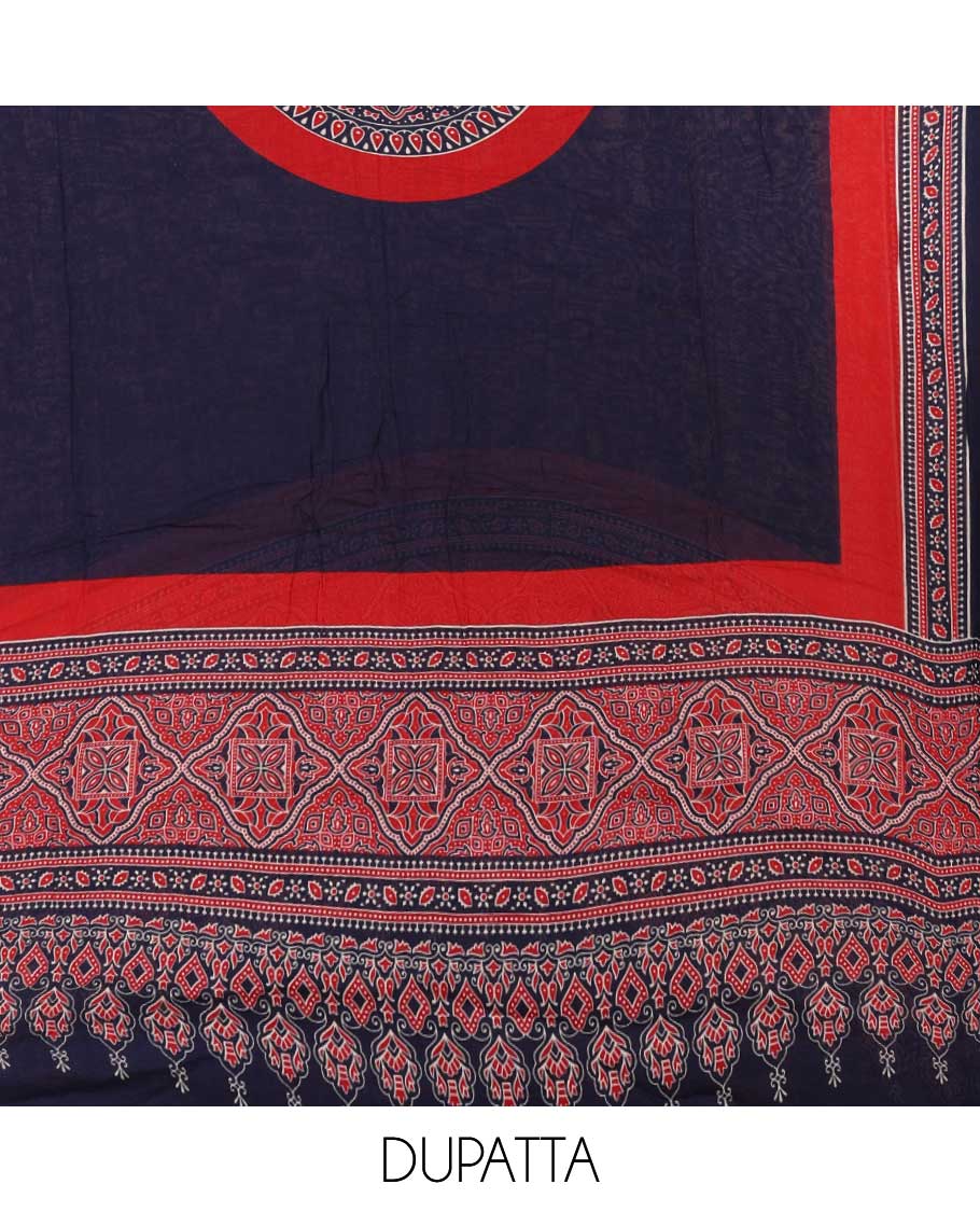 navy blue ajrak print rayon chudidhar material top with rayon material printed pant & mul mul votton ajrak printed dupatta