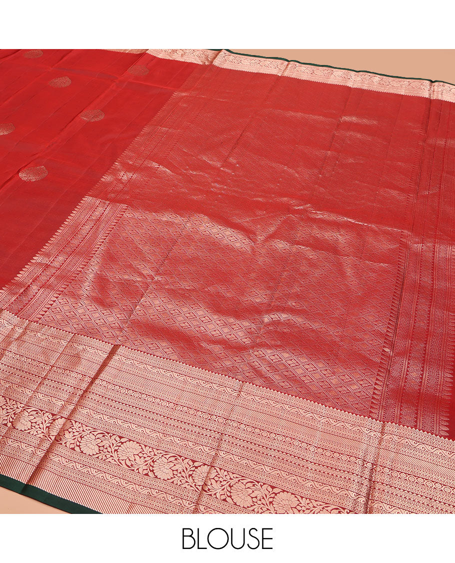 Red Vasundhara Lite Silk Mix Saree, Elevated with Zari Buttas on Its Body, Highlighted by a Zari Border of Rekku, Muthu, Diamond, Rettai Neli, and Kodi Visiry Designs, Grand Jaal-Design Pallu, and Paired with a Contrast Blouse