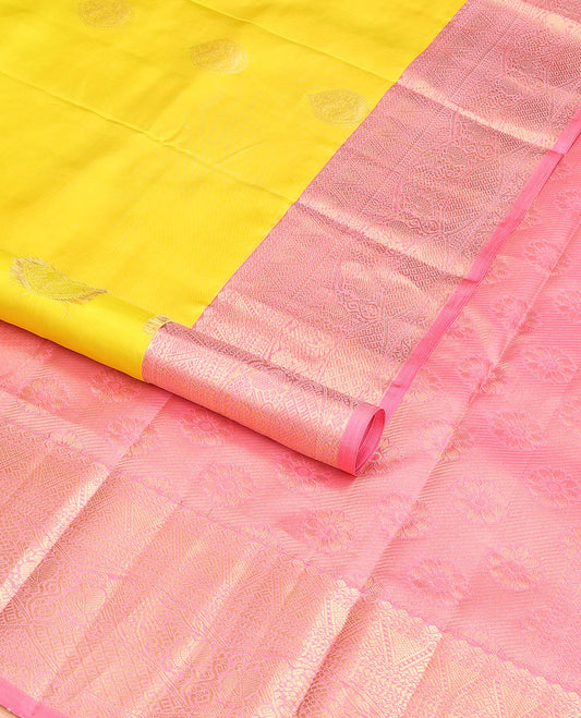 Yellow buttas silk saree with contrast korvai intricate zari design border & striped, floral design pallu