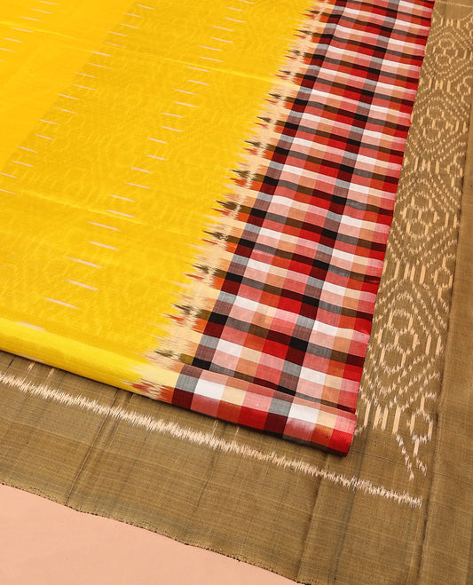 Yellow Mayuri Soft Silk Saree, Sparsely Sparkled with Ikkat Buttas All Over Its Body, Complemented by Contrast Checked Border, Artfully Ikkat Textured Pallu, and Paired with a Contrast Blouse