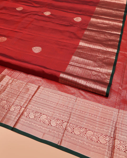 Red Vasundhara Lite Silk Mix Saree, Elevated with Zari Buttas on Its Body, Highlighted by a Zari Border of Rekku, Muthu, Diamond, Rettai Neli, and Kodi Visiry Designs, Grand Jaal-Design Pallu, and Paired with a Contrast Blouse