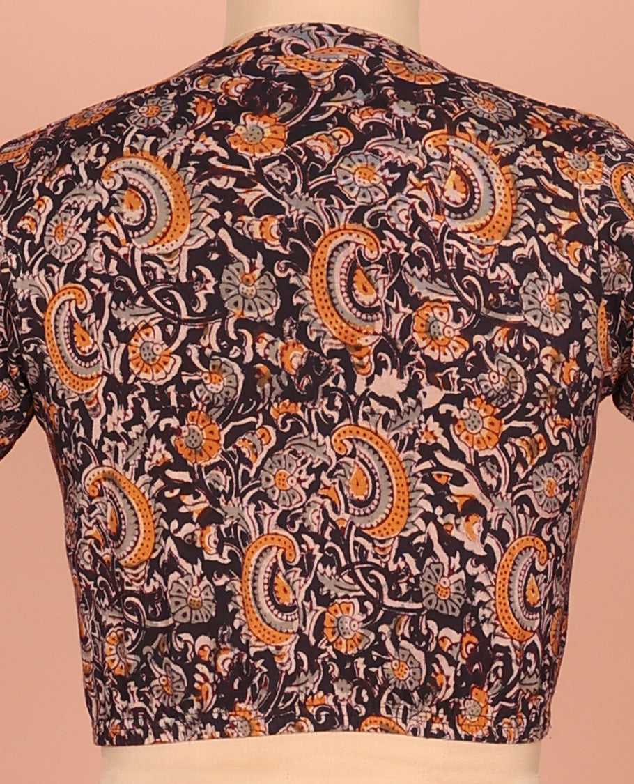 Black Cotton Readymade Blouse Enthralled with All-Over Floral and Paisley Theme Print, Featuring a Front Leaf-Neck, a Closed Back Neck, and Elbow Sleeves