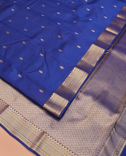 Blue zari buttas Vasundhara silk mix saree, zari border of manga mokku, muthu, neli, kamalam, and ara maadam, and pai yaadi kattam pallu