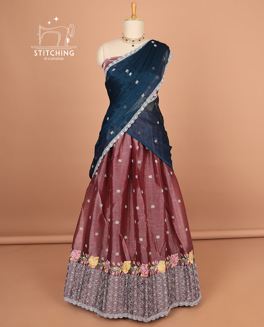 mauve floral motifs embroidery half saree with contrast with floral vine embroidery border , embridery blouse & floral embroidery scallop border dhavani