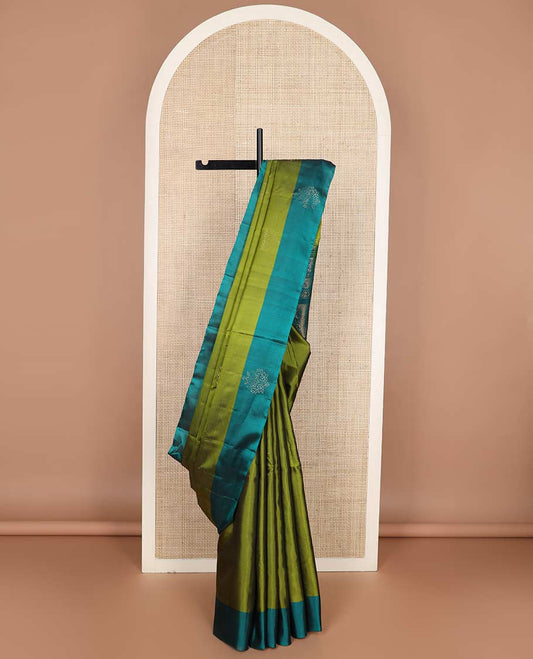 Green zari buttas silk mix saree, contrast zari buttas border & pallu of intricate designs