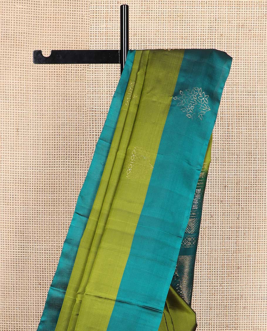Green zari buttas silk mix saree, contrast zari buttas border & pallu of intricate designs