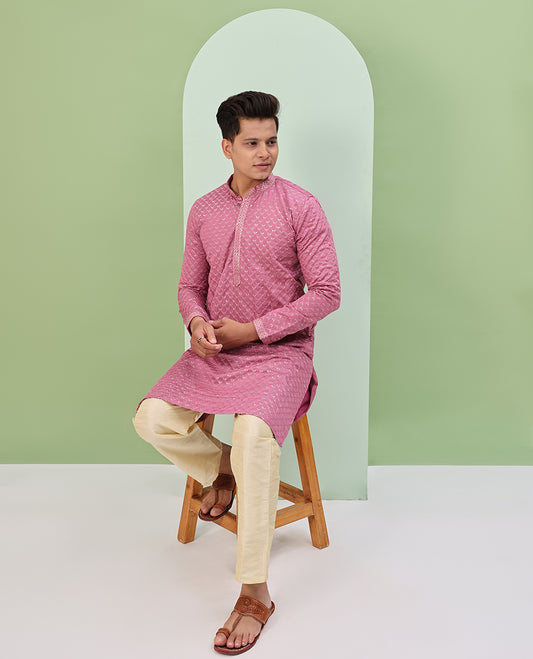Onion pink sequins and thread jaal design embroidered full-sleeved readymade kurta
