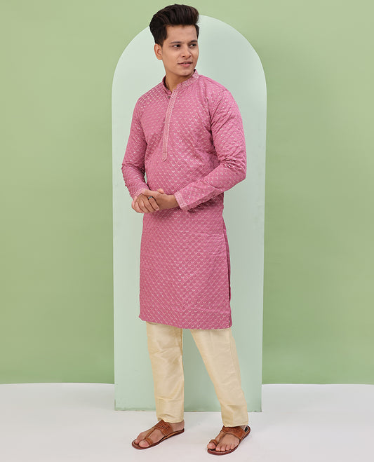 Onion pink sequins and thread jaal design embroidered full-sleeved readymade kurta
