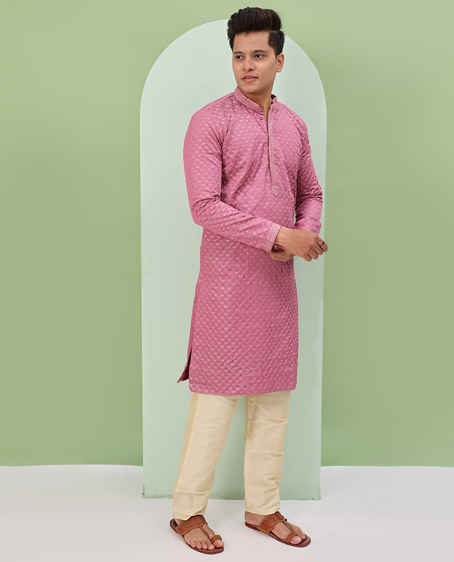 Onion pink sequins and thread jaal design embroidered full-sleeved readymade kurta