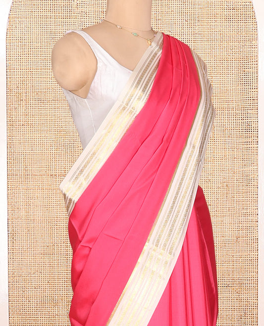 Dark Pink Plain Mysore Silk Saree, Complemented by a Contrast Traditional Zari Border, Zari Design Pallu, and a Contrast Blouse