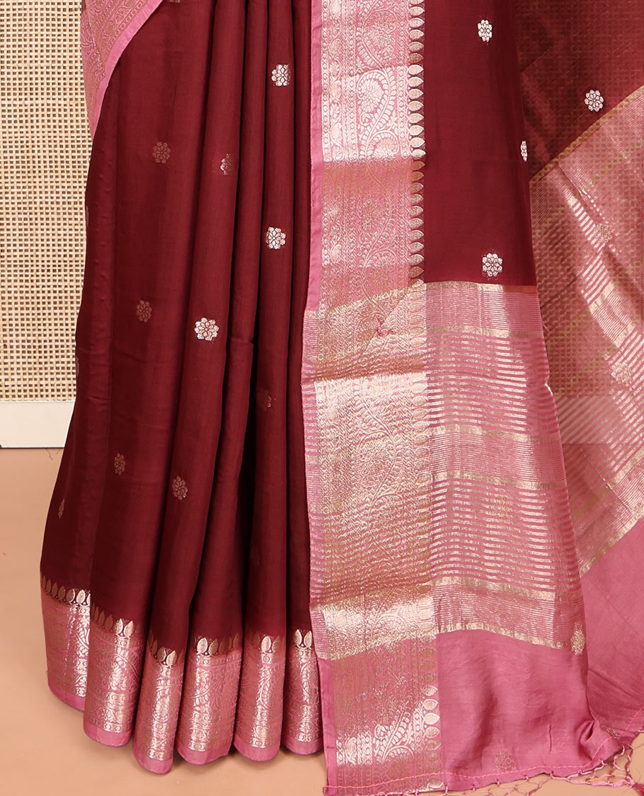 Maroon Assam Silk Saree, Woven with Zari Buttas, Complemented by a Contrast Traditional Zari Border, Zari-Striped Pallu, and a Contrast Blouse