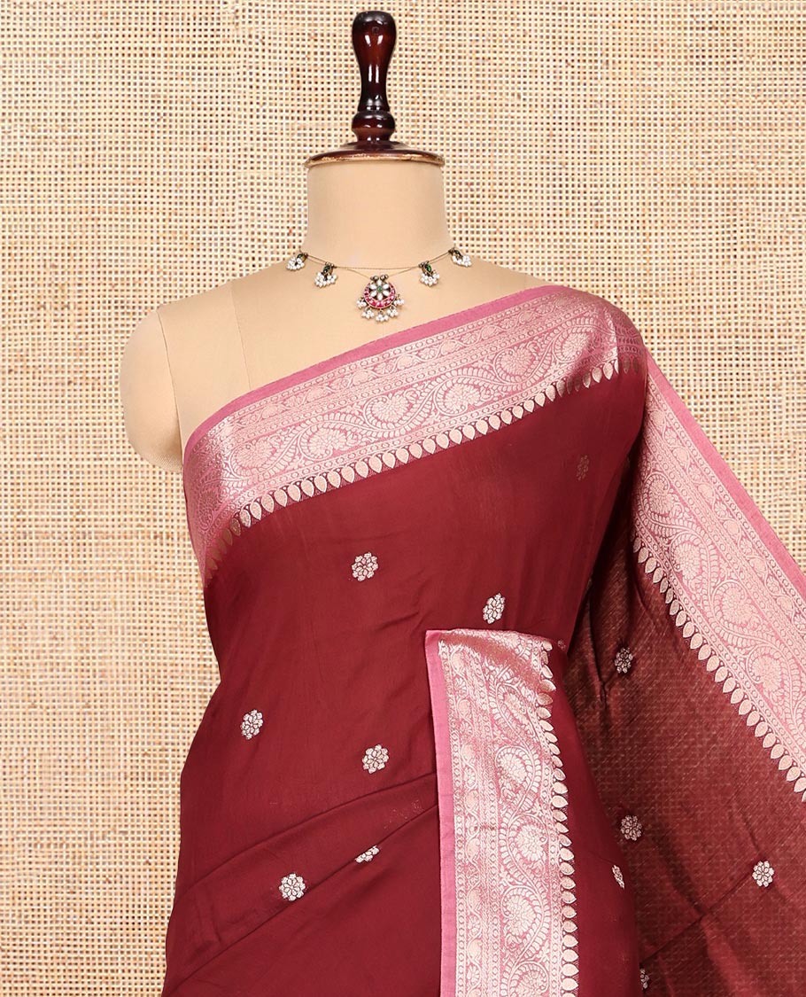 Maroon Assam Silk Saree, Woven with Zari Buttas, Complemented by a Contrast Traditional Zari Border, Zari-Striped Pallu, and a Contrast Blouse