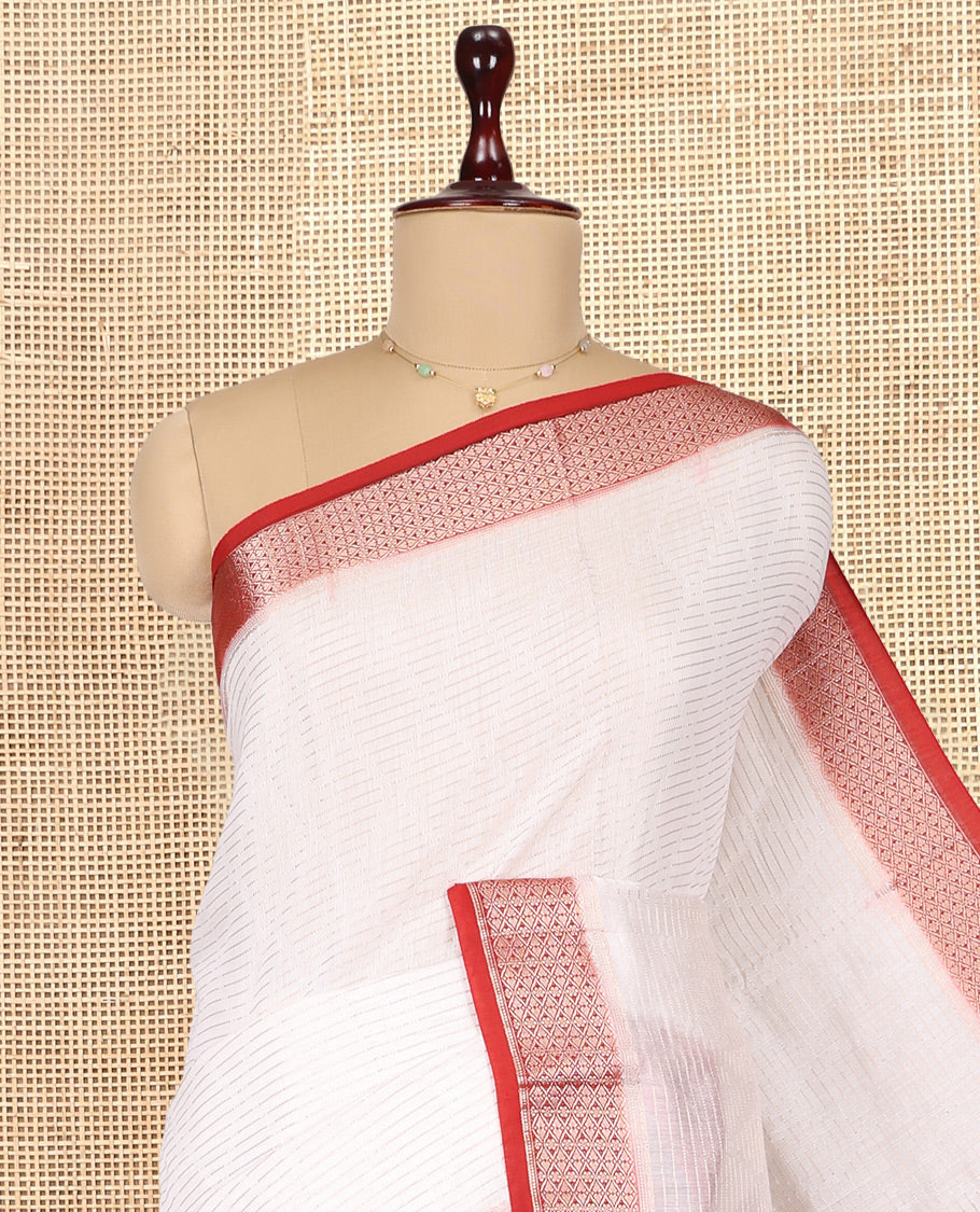 White Assam Silk Saree, Accentuated with Zari Stripes, Complemented by Contrast Zari Border,  Zari Woven Pallu, and Contrast Blouse