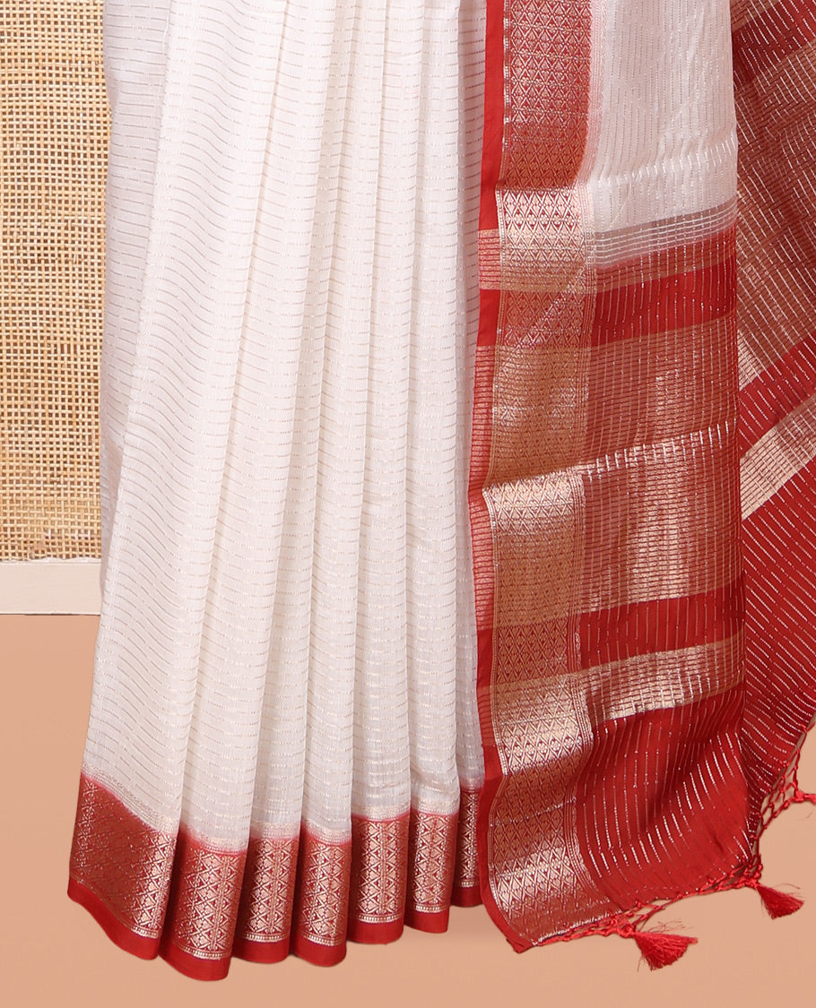 White Assam Silk Saree, Accentuated with Zari Stripes, Complemented by Contrast Zari Border,  Zari Woven Pallu, and Contrast Blouse