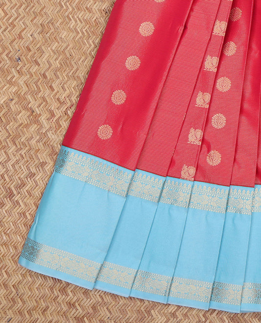Red Budget Silk Saree, Richly Detailed with Peacock-Chakram Buttas and Stripes, a Contrast Traditional Zari Rettai Pettu Border, Grand Pallu, and a Contrast Blouse