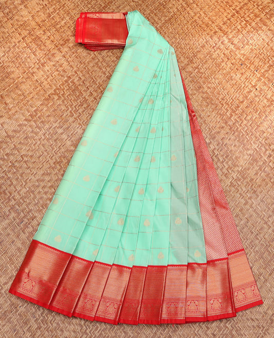 Turquoise Budget Silk Saree, Decked Up with Zari Butta Enclosed Checks, Complemented by a Contrast Traditional Zari Border, Grand Pallu, and a Contrast Blouse