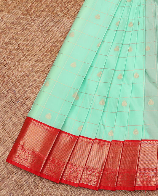 Turquoise Budget Silk Saree, Decked Up with Zari Butta Enclosed Checks, Complemented by a Contrast Traditional Zari Border, Grand Pallu, and a Contrast Blouse