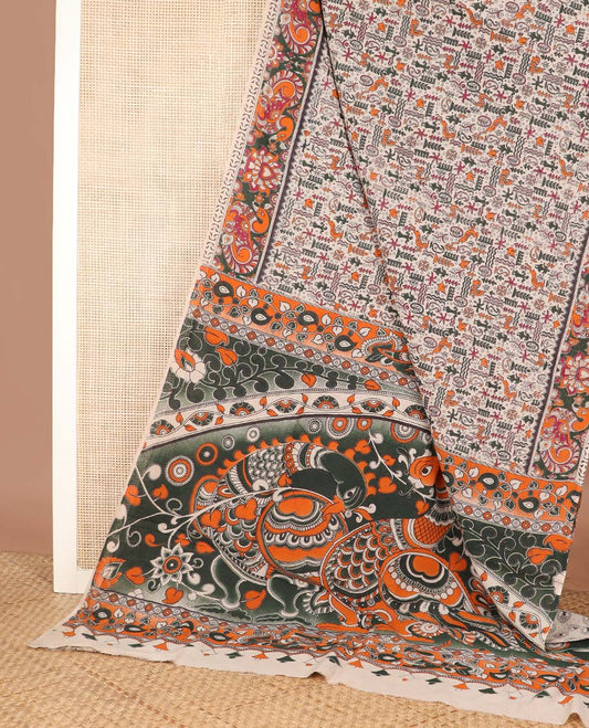 Multi-color flora, fauna, and human motifs machine printed kalamkari cotton saree, contrast peacock border, and pallu of peacock print