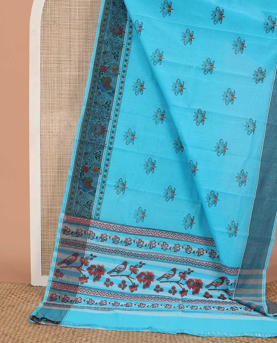 Blue lotus motifs printed chirala cotton saree, contrast floral & peacock printed border & pallu of floral & bird print