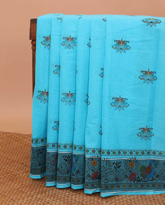 Blue lotus motifs printed chirala cotton saree, contrast floral & peacock printed border & pallu of floral & bird print