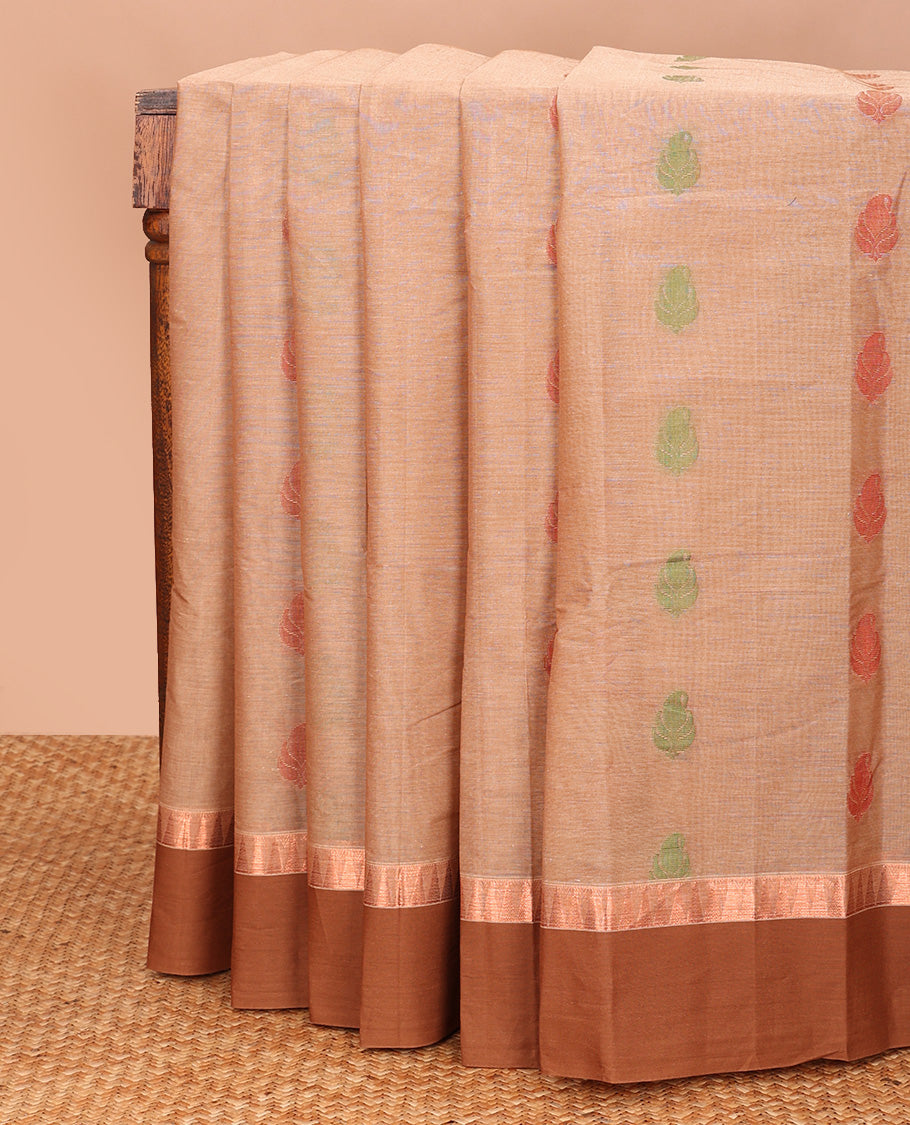 Sandal leaf buttas kanchi cotton saree, contrast zari border, and pallu of floral design