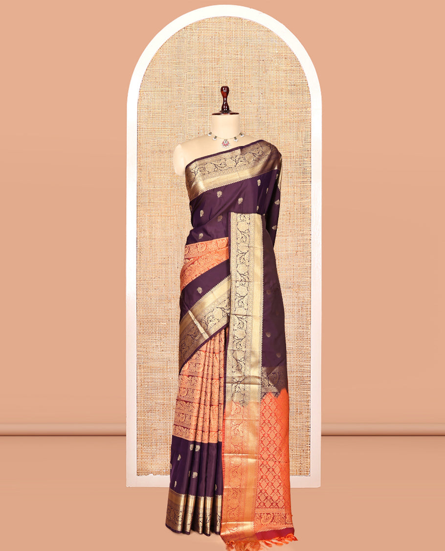 Rust Half-And-Half Budget Silk Saree Features Jacquard, Traditional Border, Grand Pallu, Contrast Blouse
