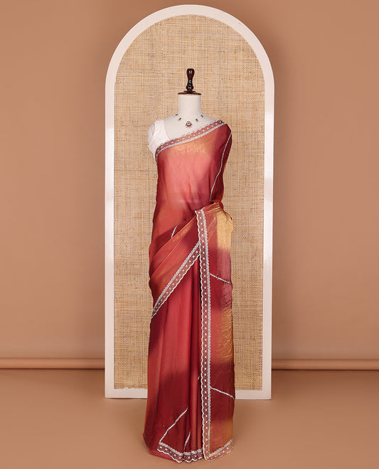 Maroon shibori-style print & crystal stone diagonal vines embroidered designer saree, self-scallop stone embroidered border