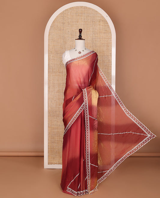 Maroon shibori-style print & crystal stone diagonal vines embroidered designer saree, self-scallop stone embroidered border