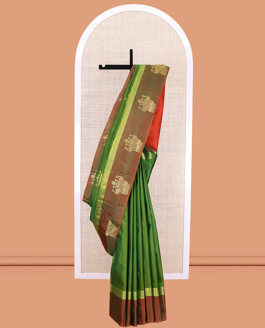 Green Kanchipuram Silk Saree, Woven with Goddess Lakshmi Buttas, a Contrast Goddess Lakshmi Border, Goddess Lakshmi Pallu, and a Contrast Blouse