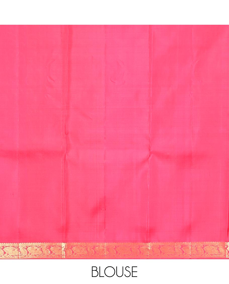 Red Kanchipuram Silk Saree Accentuated with Zari Buttas, Highlighted with Zari Border of Ara Bogudi, Muthu, and Mayil Designs, Grandly Woven Pallu of Jaal Designs, and Paired with a Matching Blouse