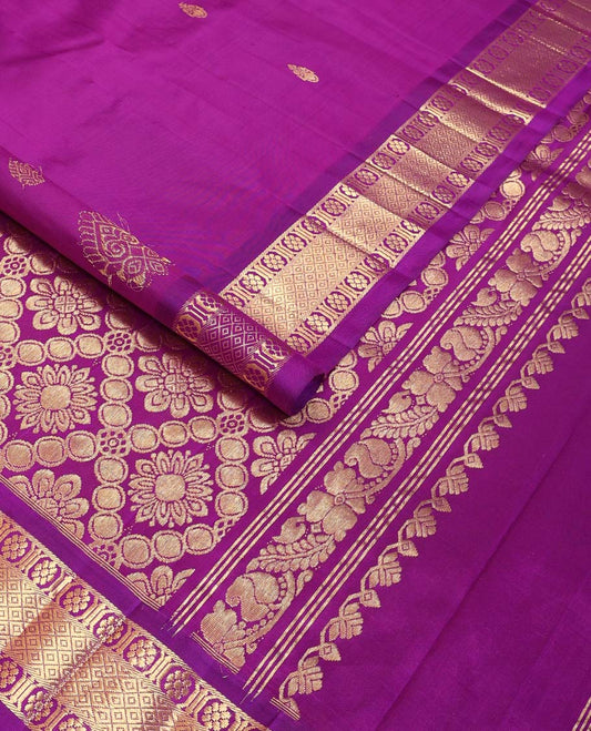 Purple buttas kancheepuram silk saree with contrast zari design border & floral design pallu