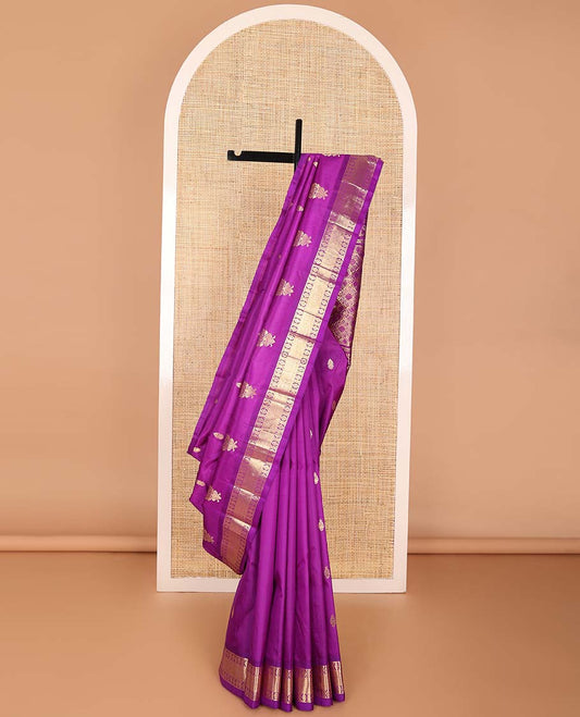 Purple buttas kancheepuram silk saree with contrast zari design border & floral design pallu