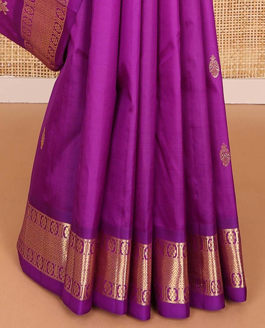 Purple buttas kancheepuram silk saree with contrast zari design border & floral design pallu