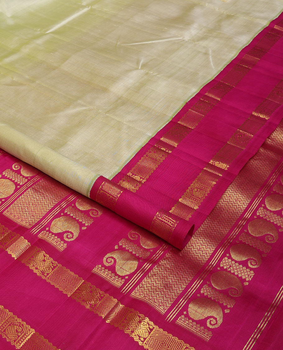 Pastel green Kanchipuram silk saree, contrast rettai pettu korvai one-sided border of rekku,mayil,manga & diamond designs & pallu of vanki & manga designs