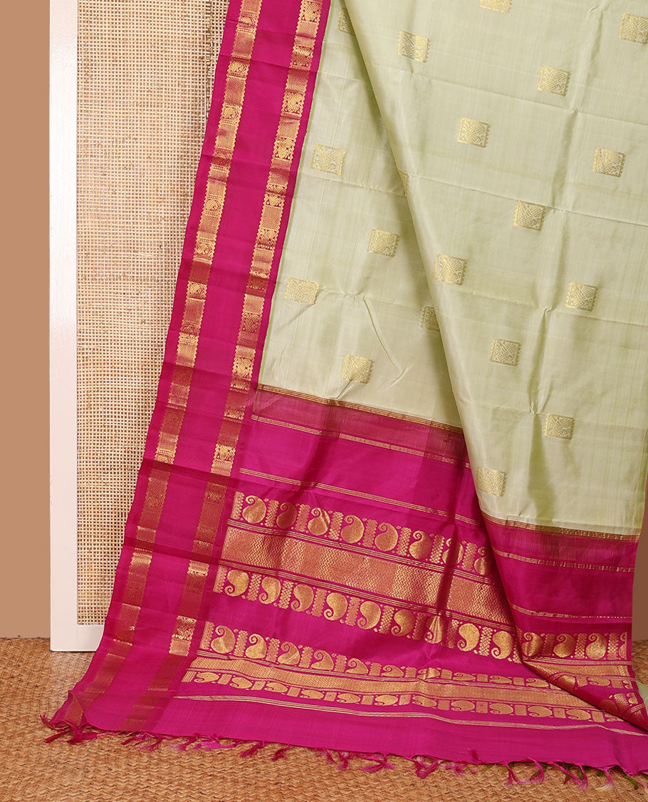 Pastel green Kanchipuram silk saree, contrast rettai pettu korvai one-sided border of rekku,mayil,manga & diamond designs & pallu of vanki & manga designs