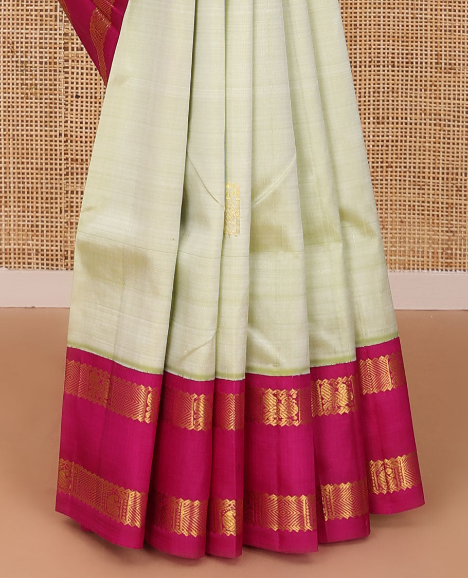 Pastel green Kanchipuram silk saree, contrast rettai pettu korvai one-sided border of rekku,mayil,manga & diamond designs & pallu of vanki & manga designs