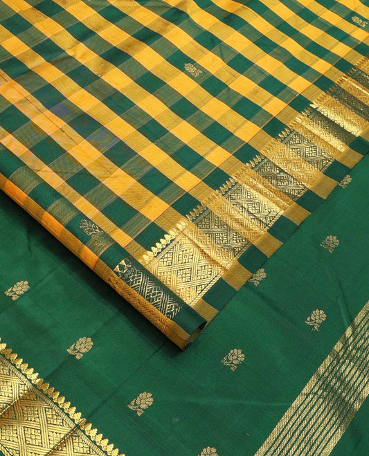 Multi-color checked and zari buttas Kanchipuram silk saree, one-sided border of thilakam mokku, and jaal designs, and zari design pallu