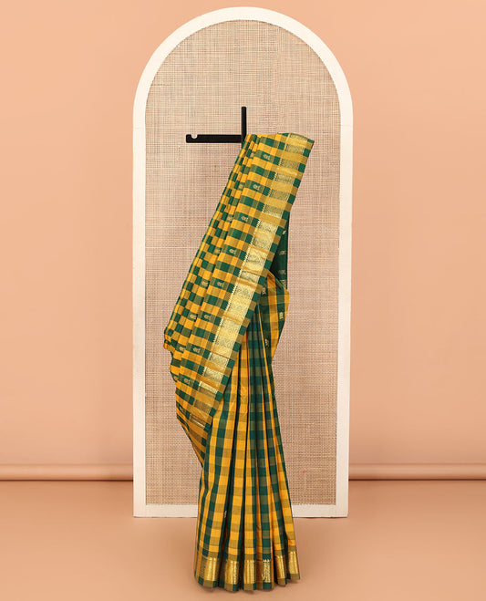Multi-color checked and zari buttas Kanchipuram silk saree, one-sided border of thilakam mokku, and jaal designs, and zari design pallu