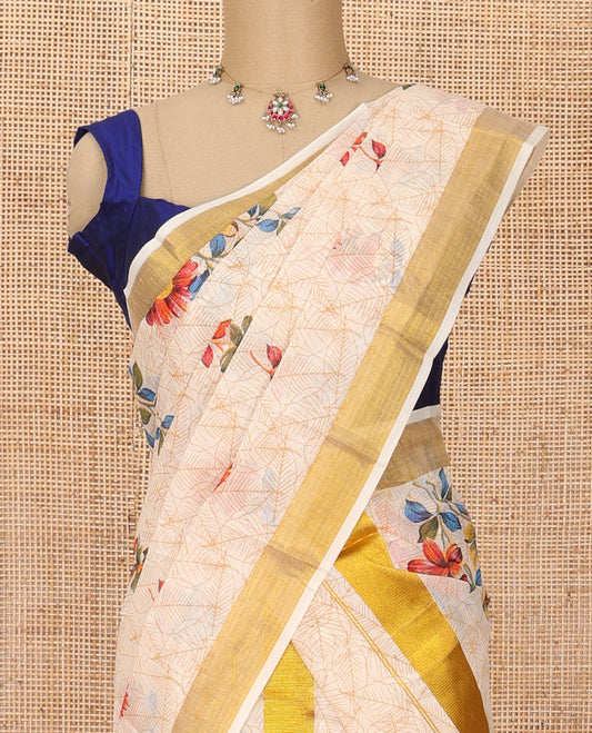Cream all-over leafy and colorful floral motifs printed Kerala mundu set with zari border