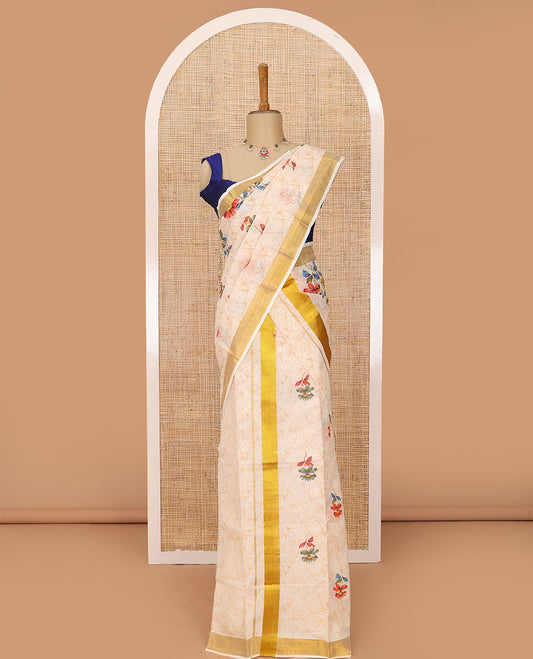 Cream all-over leafy and colorful floral motifs printed Kerala mundu set with zari border
