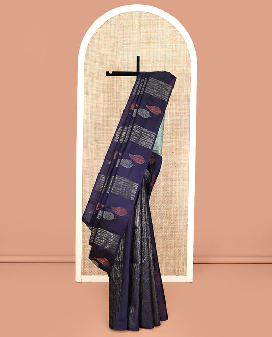 Borderless Blue Mayuri Soft Silk Saree Subtly Sparkled With Zari Stripes, and Leaf Motifs On Its Body, Complemented by Contrast Pallu, and Paired with a Contrast Blouse