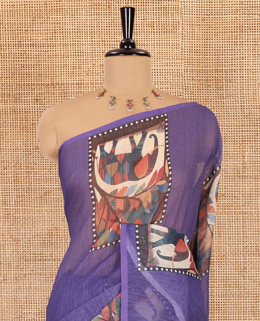 Lavender plain linen cotton saree, mordern art style elephant motifs printed border, elephant printed pallu, and a leaf printed blouse