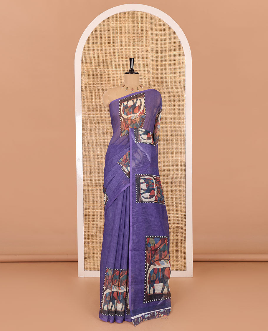 Lavender plain linen cotton saree, mordern art style elephant motifs printed border, elephant printed pallu, and a leaf printed blouse